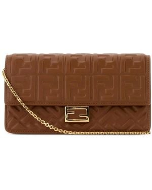 Fendi Tassen ,Bruin ,Leer Wallet On Chain Baguette