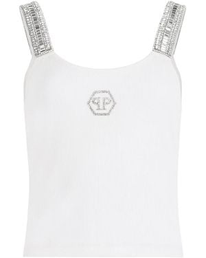 Philipp Plein Tops ,Wit ,Katoen Rib Tank Top Strass Hexagon