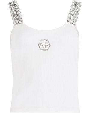 Philipp Plein Tops ,Wit ,Katoen Rib Tank Top Strass Hexagon