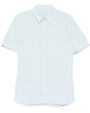 120% Lino Overhemden ,Blauw ,Linnen Gestreepte Linnen Korte Mouw Button-Up Shirt - Wit
