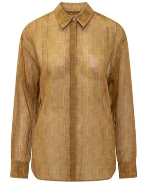 Ferragamo Overhemden ,Geel ,Monogram Print Zijden Overhemd - Bruin