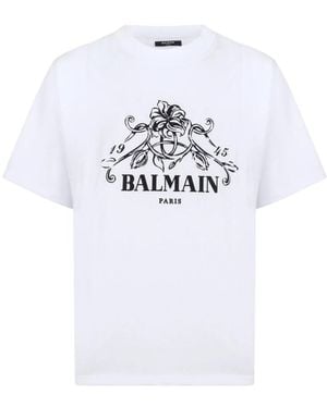 Balmain Tops ,Wit ,Katoen Printed Vine T-Shirt