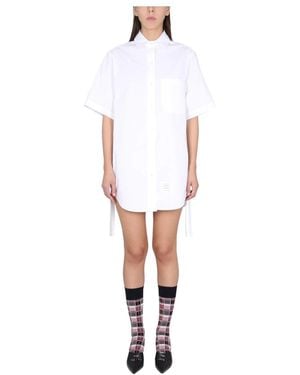 Thom Browne Kuitlengte Korte Mouw Oversized Geplooide Zijnaad Blousejurk Van Zware Poplin - Wit