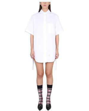 Thom Browne Kuitlengte Korte Mouw Oversized Geplooide Zijnaad Blousejurk Van Zware Poplin - Wit