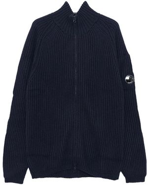 C.P. Company Blauer Woll-Ripp-Cardigan Mit Reißverschluss