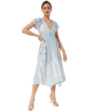 LoveShackFancy Patchwork Midi Jurk Met Diepe Halslijn - Blauw