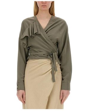 Alysi Overhemden ,Groen ,Leer Blouse Met Ruches En Overslag En Lange Mouwen
