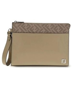 Fendi Schicke Leder- Und Canvas-Clutch - Natur