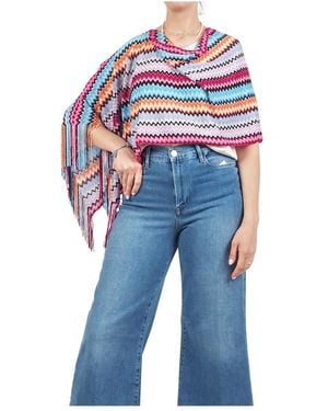 Missoni Jassen ,Veelkleurig ,Zomer Zigzag Gebreide Poncho Met Franjes - Blauw