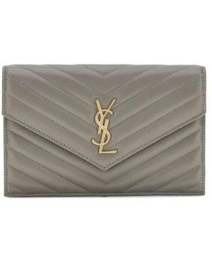 Saint Laurent Gepolstertes Lederportemonnaie Mit Schulterriemen - Grau