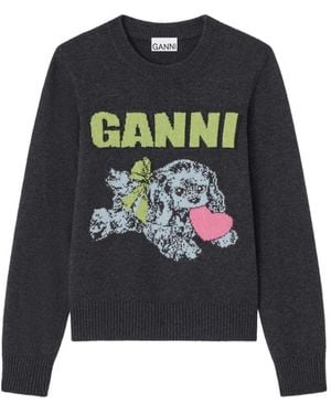 Ganni Graphic Wool Mix Puppy Love Rundhals-Pullover - Blau