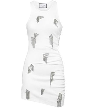 Philipp Plein Kleedjes ,Wit ,Polyester Jersey Rib Short Dress Fringe