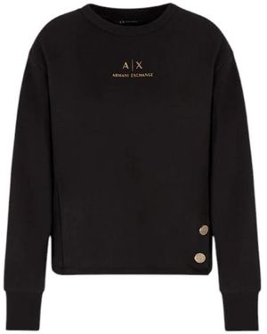 ARMANI EXCHANGE Hoodies & Sweatvesten ,Zwart ,Sweatshirt Met Ronde Hals, Goudkleurig Logo En Knopen