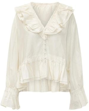 Ganni Overhemden ,Wit ,Habotai Frill Blouse