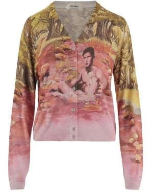 Versace Truien & Vesten ,Veelkleurig ,Printed Silk Knit Cardigan - Roze