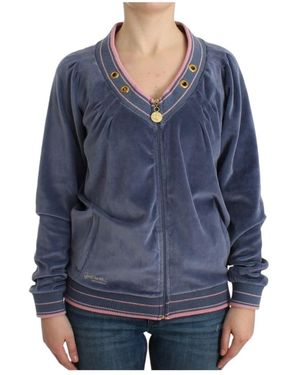 Roberto Cavalli Hoodies & Sweatvesten ,Blauw ,Katoen Elegante Blauwe Cardigan Met Ritssluiting En Gouden Details