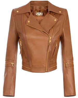 Elisabetta Franchi Jassen ,Bruin ,Leer Zipped Biker Jacket