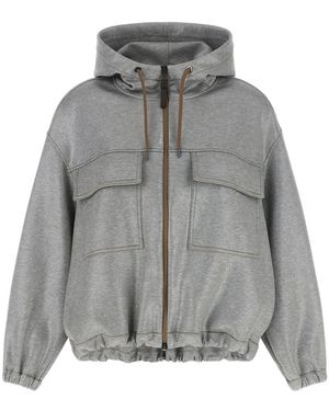 Brunello Cucinelli Hoodies & Sweatvesten ,Grijs ,Katoen Bomberjack Met Glimmende Ritstrekker
