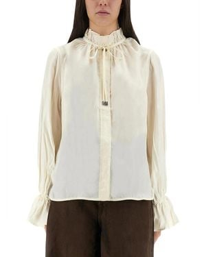 Ganni Blouse Met Hoge Hals En Ruches Van Zijdeblend - Naturel