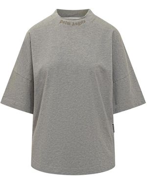 Palm Angels Logo-Embroidered Mélange T-Shirt - Grijs