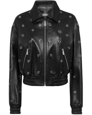 Philipp Plein Leather Eyelet Bomber Jacket - Schwarz