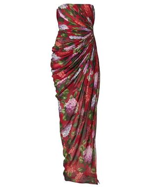 Carolina Herrera Kleedjes ,Veelkleurig ,Chiffon Hydrangea-Print Draped Chiffon Gown - Rood