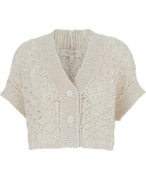 Antonelli Weißer Leinen Baumwoll Strick Cardigan - Natur
