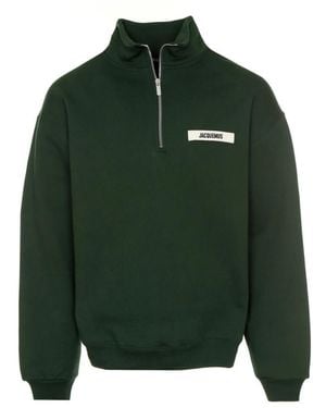 Jacquemus Grosgrain Patch Logo Half Zip Sweatshirt - Green