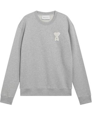 Ami Paris Hoodies & Sweatvesten ,Grijs ,Katoen Sweatshirt Met Ronde Hals En Gebreide Patch