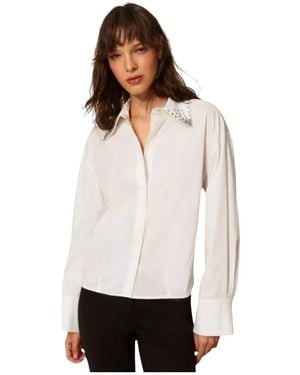 Twinset Overhemden ,Wit ,Katoen Popeline Blouse Met Strass