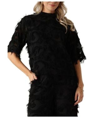 Minus Elegante Bluse Mit Hohem Ausschnitt Und Fransen - Schwarz