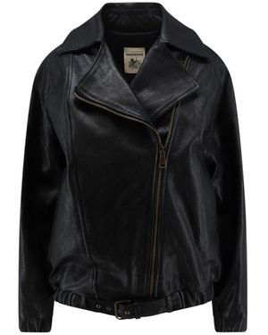 Semicouture Jassen ,Zwart ,Leer Oversized Leren Jack Met Textuur
