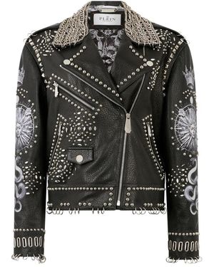 Philipp Plein Jassen ,Zwart ,Leer Oversized Biker Jacket Studs Butterfly Tattoo