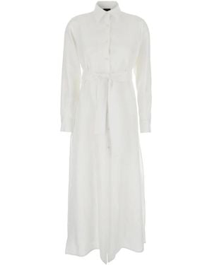 Plain Kleid Mit Klassischem Kragen Und Verstellbarem Rock Aus Leinen - Weiß