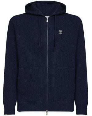 Brunello Cucinelli Truien & Vesten ,Blauw ,Kasjmier English Rib Cashmere Hooded Zip-Up