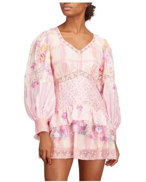 LoveShackFancy Kleedjes ,Roze ,Zijden Patchwork Mini Jurk