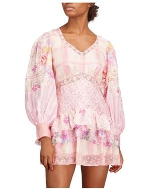 LoveShackFancy Kleedjes ,Roze ,Zijden Patchwork Mini Jurk