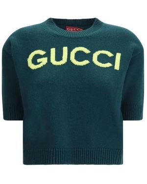 Gucci Tops ,Groen ,Wol Zachte Wollen Top Met Intarsia - Blauw