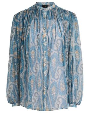 Etro Overhemden ,Veelkleurig ,Geplooide Blouse Met Bandkraag - Blauw