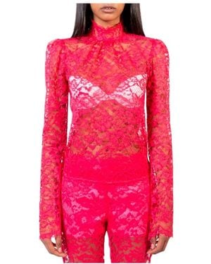 Doris S Fuchsia Spitze Hochgeschlossene Bluse - Pink