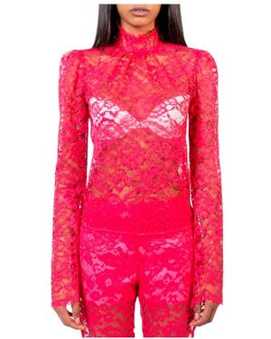 Doris S Overhemden ,Roze ,Fuchsia Kant Hoge Hals Blouse