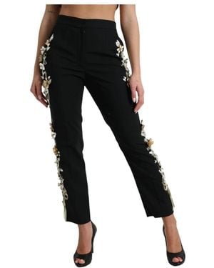 Dolce & Gabbana Dolce Gabbana Black Silk Floral Embroidered Trousers Slim Trousers