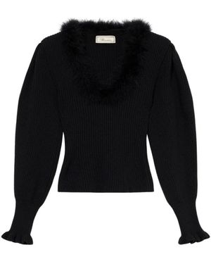Blumarine Truien & Vesten ,Zwart ,Wol Wollen Trui Met Met Bont Afgezette V-Hals