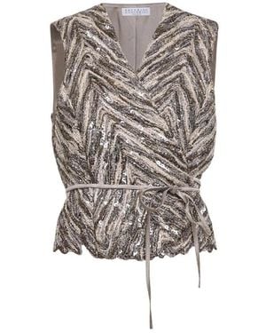 Brunello Cucinelli Tops ,Bruin ,Polyester Dazzling Chevron Embroidery Vest - Grijs