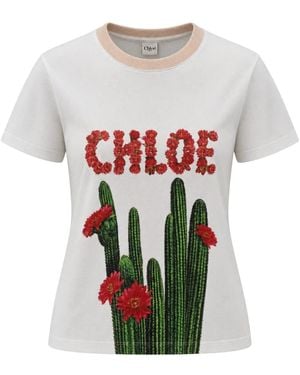Chloé Tops ,Wit ,Katoen Cactus-Print T-Shirt