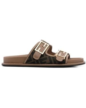 Fendi Schoenen ,Bruin ,Bruine Stoffen Slide Sandalen