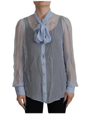 Dolce & Gabbana Overhemden ,Blauw ,Ascot Kraag Knoopsluiting Zijde Blouse - Grijs