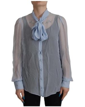 Dolce & Gabbana Overhemden ,Blauw ,Ascot Kraag Knoopsluiting Zijde Blouse - Grijs