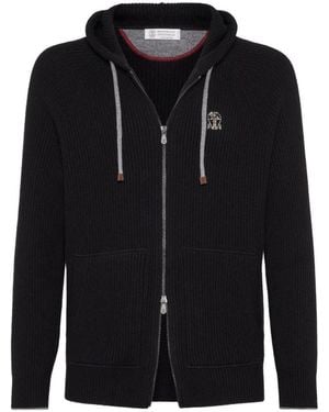 Brunello Cucinelli Hoodies & Sweatvesten ,Zwart ,Kasjmier English Rib Hooded Sweater