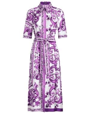 Dolce & Gabbana Weiße Midi-Kleid Mit Majolika-Druck - Lila